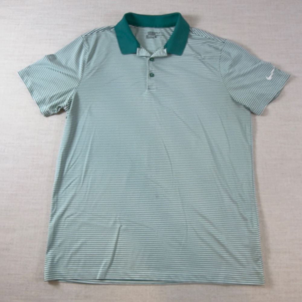 Nike Golf Dri-FIT Polo Shirt Mens L Green White Striped Performance Short Sleeve